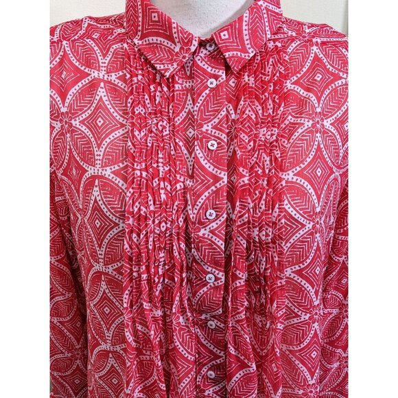 Christina B Womens Blouse XXL Chiffon Semi Sheer Geometric Floral Coral Pleated - Picture 2 of 6